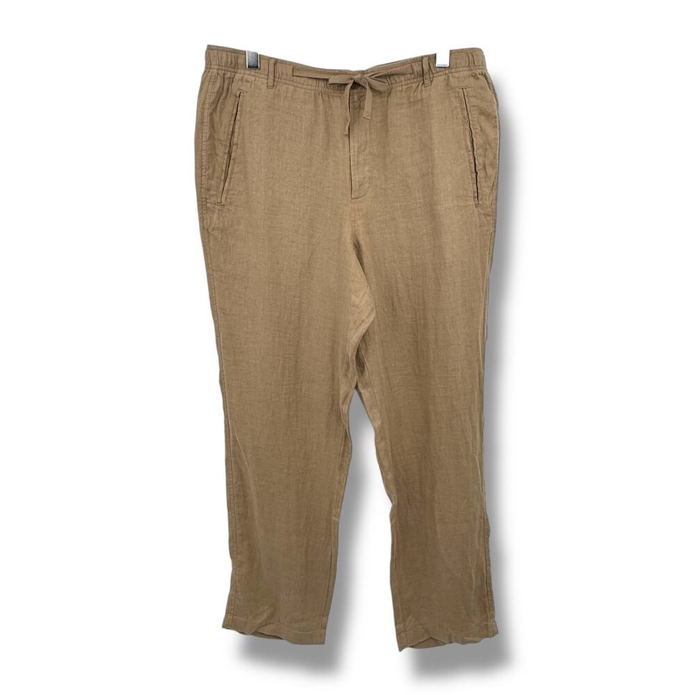 Club Room Luxury linen pants women's L straight elastic waist lagenlook tan